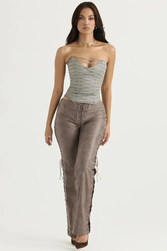 House Of CB DrewMocha Vegan Leather Lace Up Trousers Mocha Women Trousers