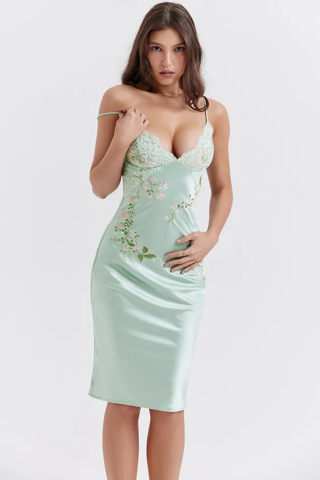 House Of CB FallonLight Jade Embroidered Slip Dress Light Women Midi Dresses