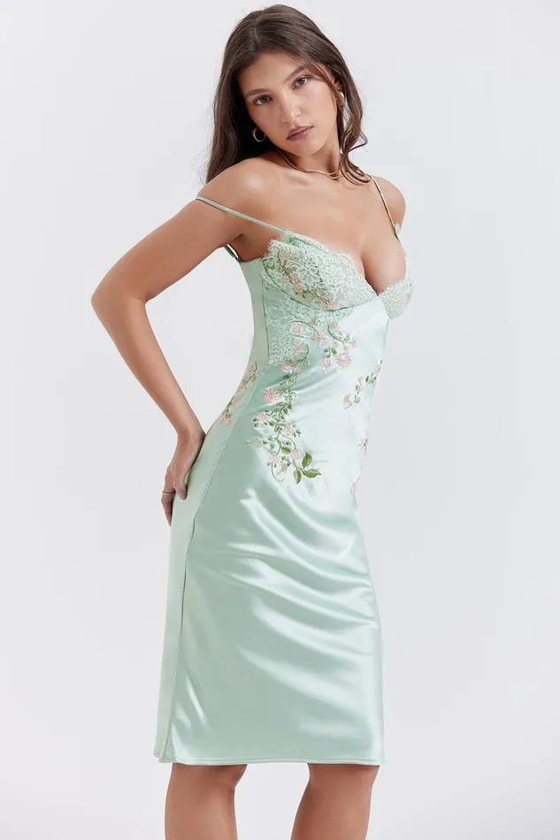 House Of CB FallonLight Jade Embroidered Slip Dress Light Women Midi Dresses