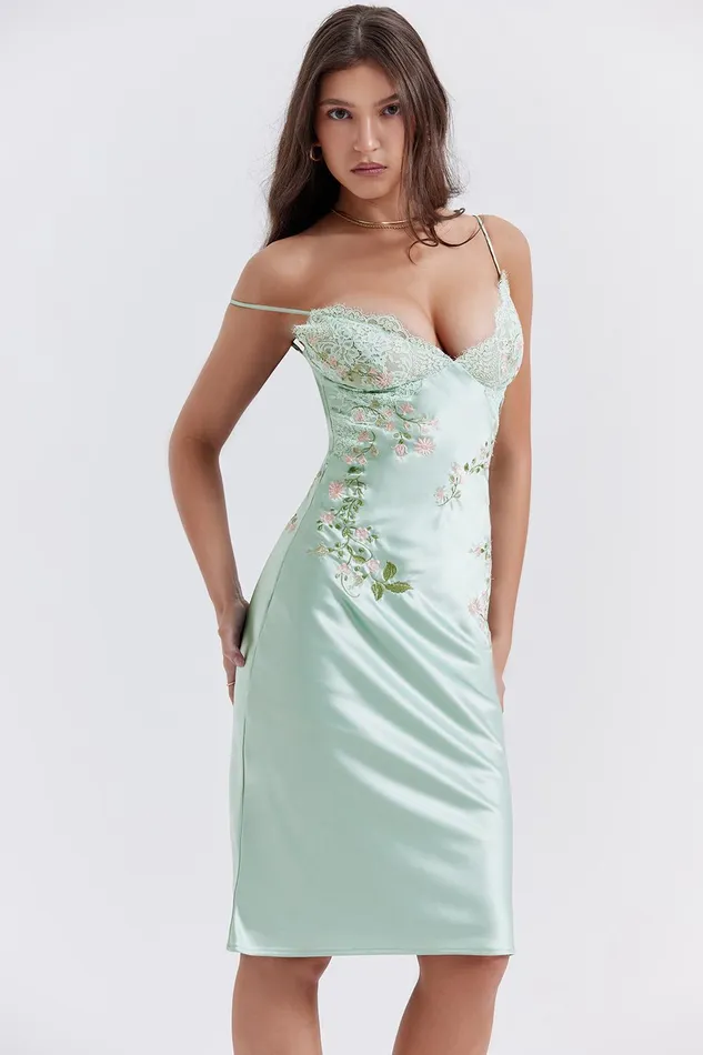 House Of CB FallonLight Jade Embroidered Slip Dress Light Women Midi Dresses