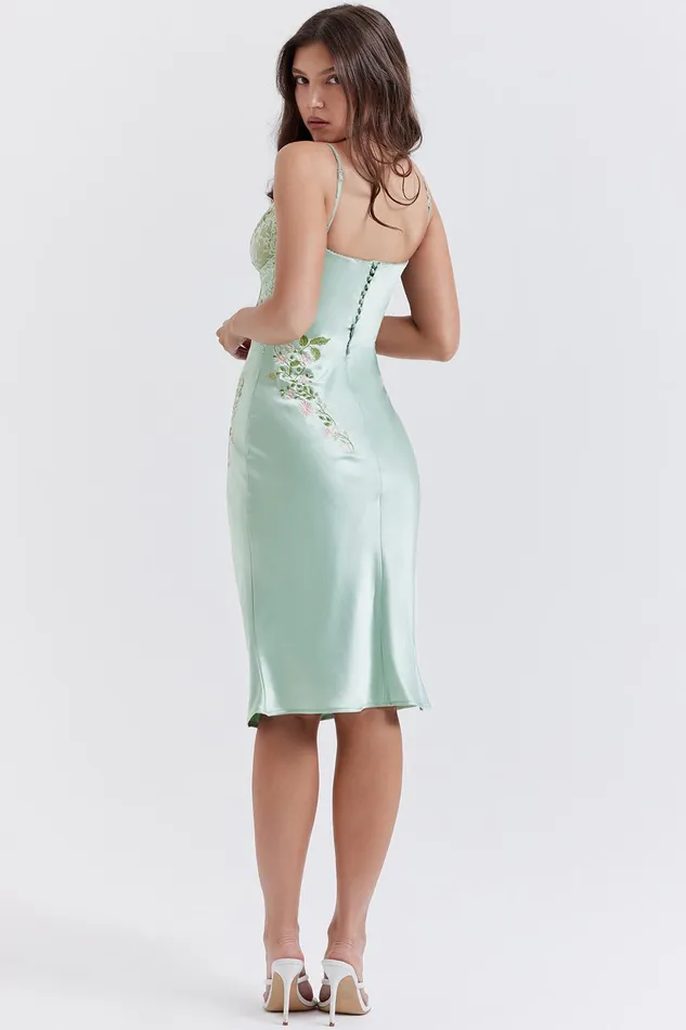 House Of CB FallonLight Jade Embroidered Slip Dress Light Women Midi Dresses
