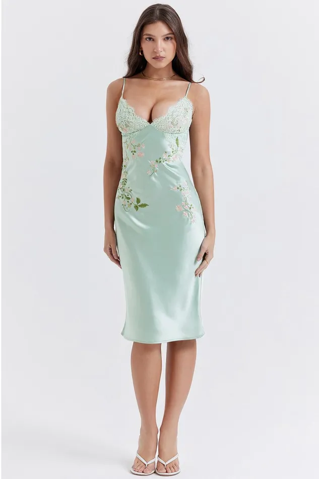 House Of CB FallonLight Jade Embroidered Slip Dress Light Women Midi Dresses