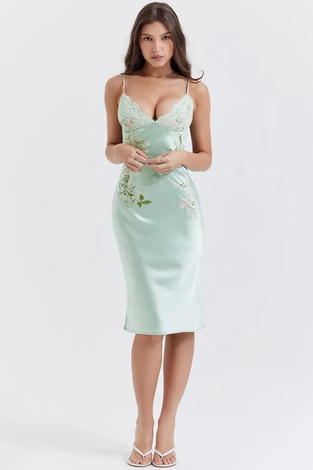 House Of CB FallonLight Jade Embroidered Slip Dress Light Women Midi Dresses