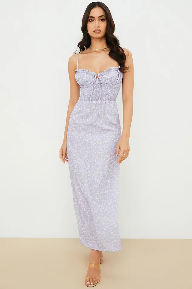 House Of CB JanelleLilac Floral Shirred Ankle Dress 8211 SALE Lilac Women Sun Dresses