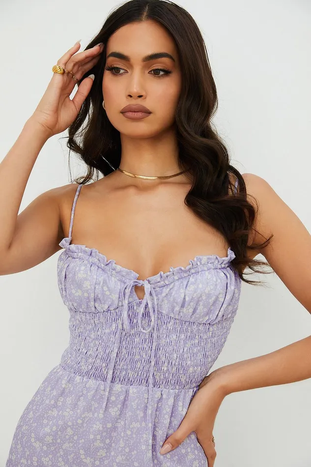 House Of CB JanelleLilac Floral Shirred Ankle Dress 8211 SALE Lilac Women Sun Dresses