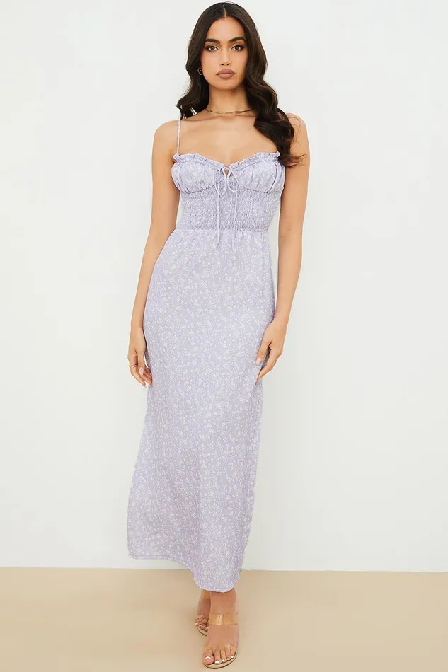 House Of CB JanelleLilac Floral Shirred Ankle Dress 8211 SALE Lilac Women Sun Dresses