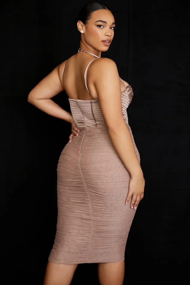 House Of CB JosephineTaupe Pleated Corset Midi Dress 8211 SALE Taupe Women Bodycon Dresses
