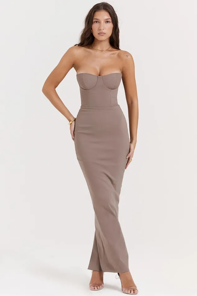 House Of CB LuciaTaupe Strapless Corset Maxi Dress Taupe Women Corset Dresses