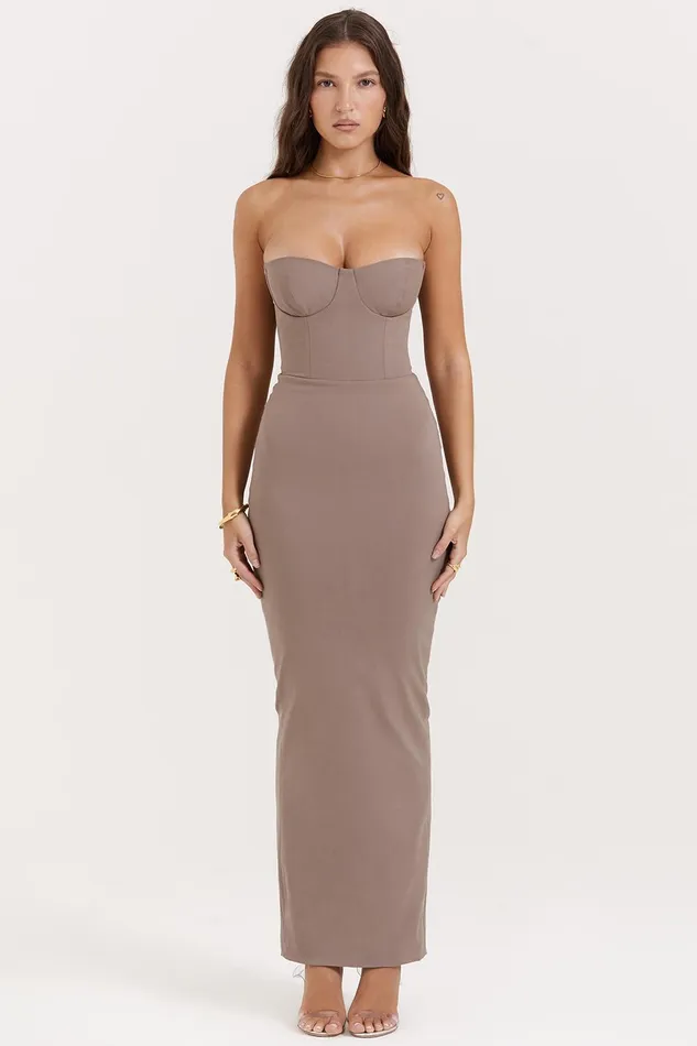House Of CB LuciaTaupe Strapless Corset Maxi Dress Taupe Women Corset Dresses