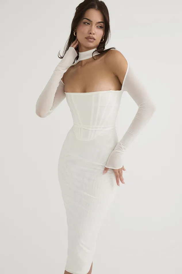 House Of CB MilaroseWhite Mesh Corset Midi Dress 8211 SALE White Women Bodycon Dresses