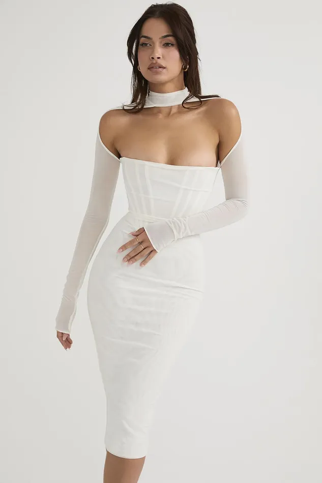 House Of CB MilaroseWhite Mesh Corset Midi Dress 8211 SALE White Women Bodycon Dresses