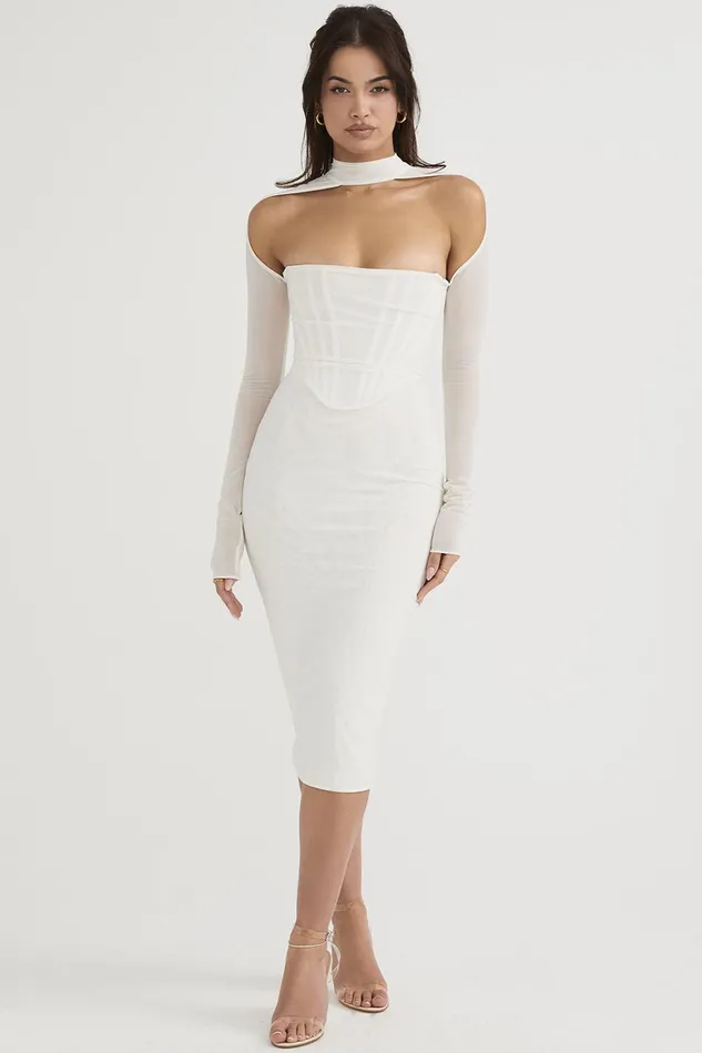 House Of CB MilaroseWhite Mesh Corset Midi Dress 8211 SALE White Women Bodycon Dresses