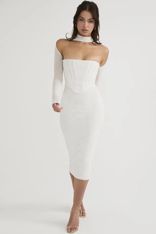 House Of CB MilaroseWhite Mesh Corset Midi Dress 8211 SALE White Women Bodycon Dresses