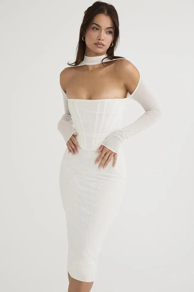 House Of CB MilaroseWhite Mesh Corset Midi Dress 8211 SALE White Women Bodycon Dresses