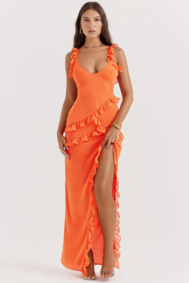 House Of CB PixieFlame Orange Ruffle Maxi Dress Flame Women Maxi Dresses