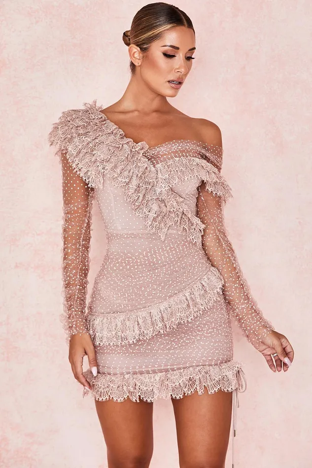House Of CB SorrelBlush Lace Frill Mini Dress 8211 SALE Blush Women Bodycon Dresses