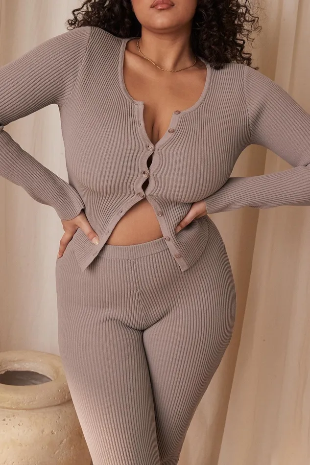 House Of CB SylviaTaupe Ribbed Knit Cardigan 8211 SALE Taupe Women Tops