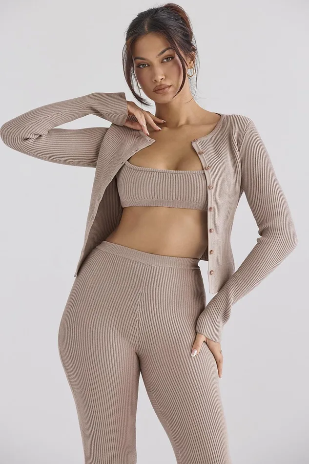 House Of CB SylviaTaupe Ribbed Knit Cardigan 8211 SALE Taupe Women Tops