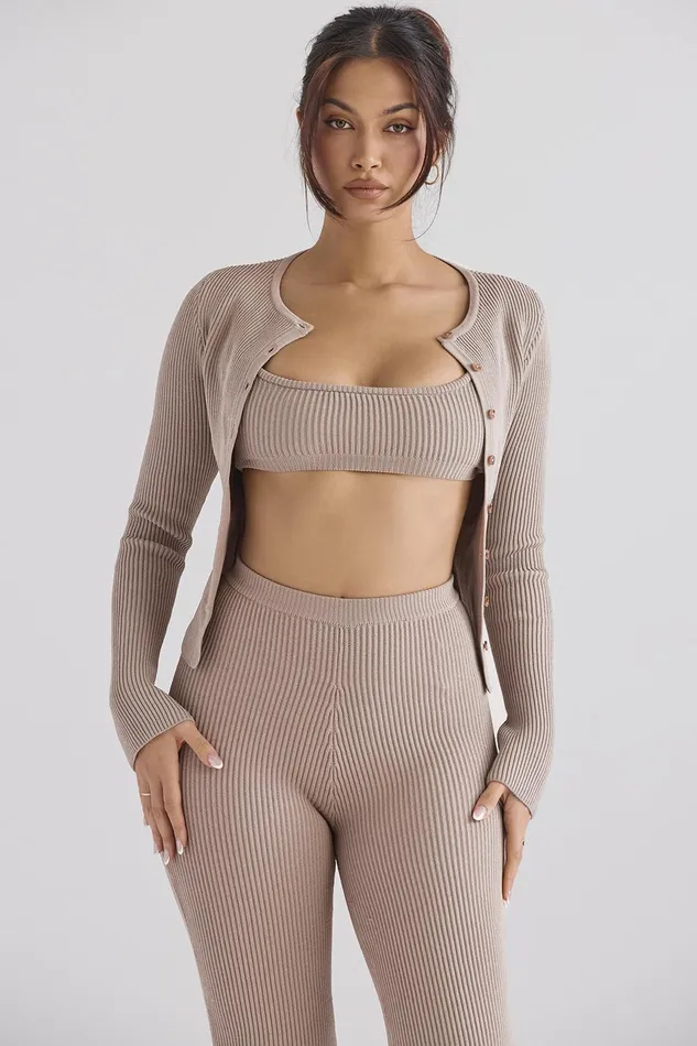 House Of CB SylviaTaupe Ribbed Knit Cardigan 8211 SALE Taupe Women Tops