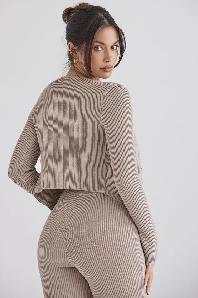 House Of CB SylviaTaupe Ribbed Knit Cardigan 8211 SALE Taupe Women Tops