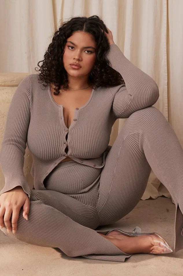 House Of CB SylviaTaupe Ribbed Knit Cardigan 8211 SALE Taupe Women Tops