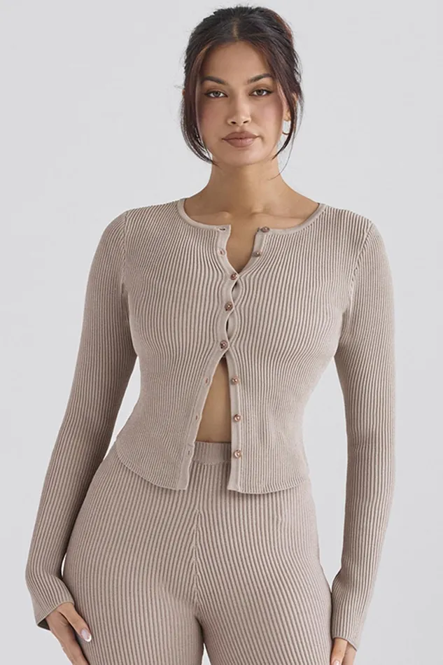 House Of CB SylviaTaupe Ribbed Knit Cardigan 8211 SALE Taupe Women Tops