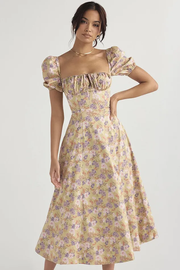 House Of CB TallulahPeony Print Puff Sleeve Midi Sundress Peony Women Corset Dresses