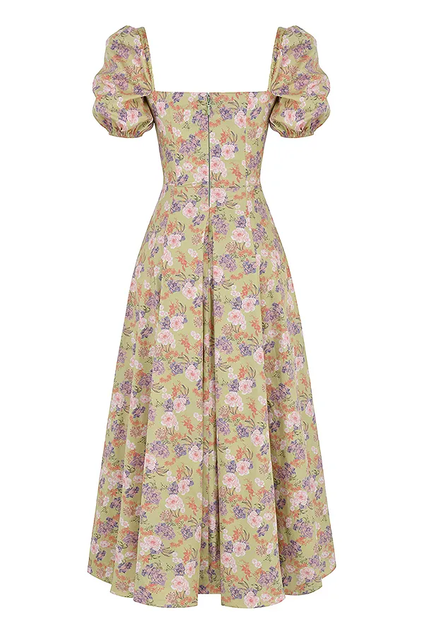 House Of CB TallulahPeony Print Puff Sleeve Midi Sundress Peony Women Corset Dresses
