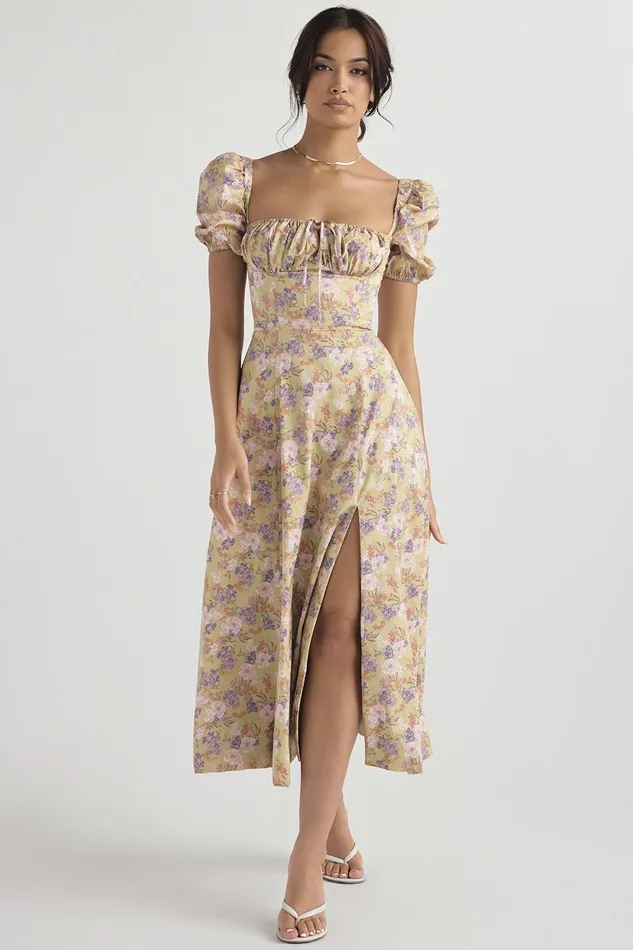 House Of CB TallulahPeony Print Puff Sleeve Midi Sundress Peony Women Corset Dresses