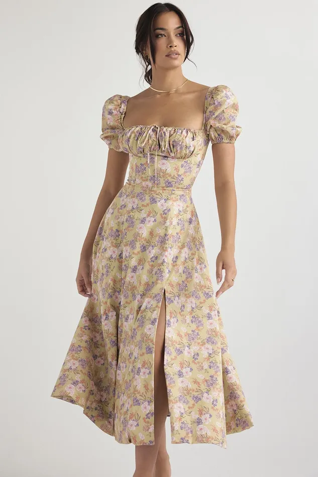 House Of CB TallulahPeony Print Puff Sleeve Midi Sundress Peony Women Corset Dresses
