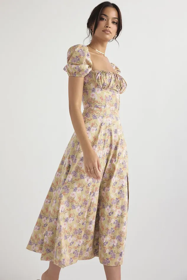 House Of CB TallulahPeony Print Puff Sleeve Midi Sundress Peony Women Corset Dresses