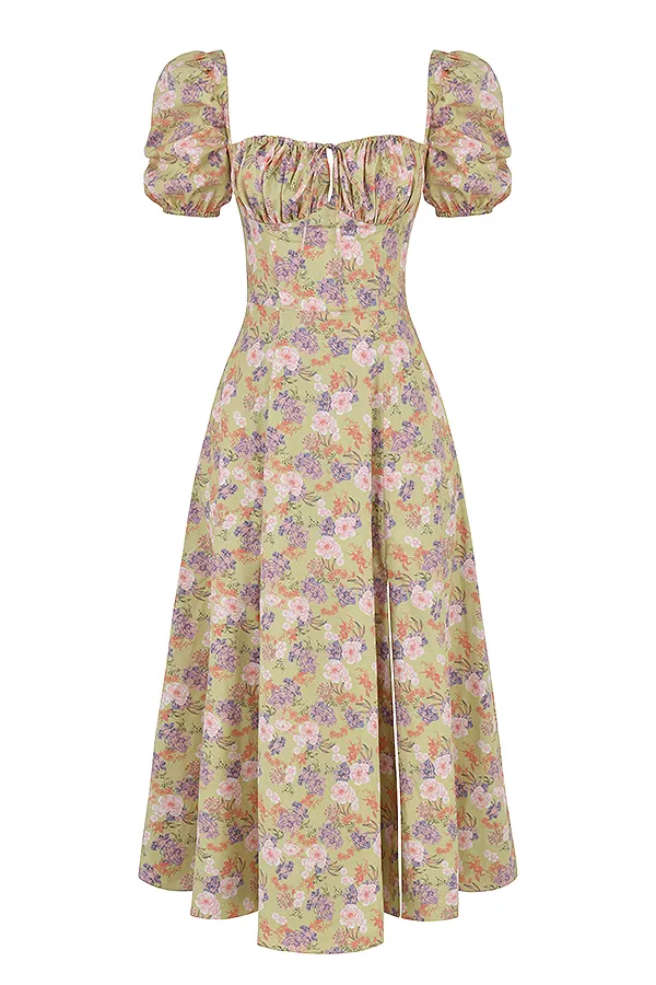 House Of CB TallulahPeony Print Puff Sleeve Midi Sundress Peony Women Corset Dresses