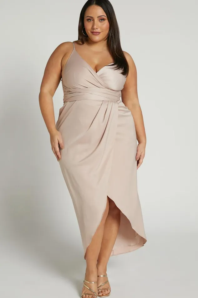 How Will I Know Midi Dress 8211 Wrap Waist Tie Tulip Hem Dress In Champagne Women Showpo Dresses
