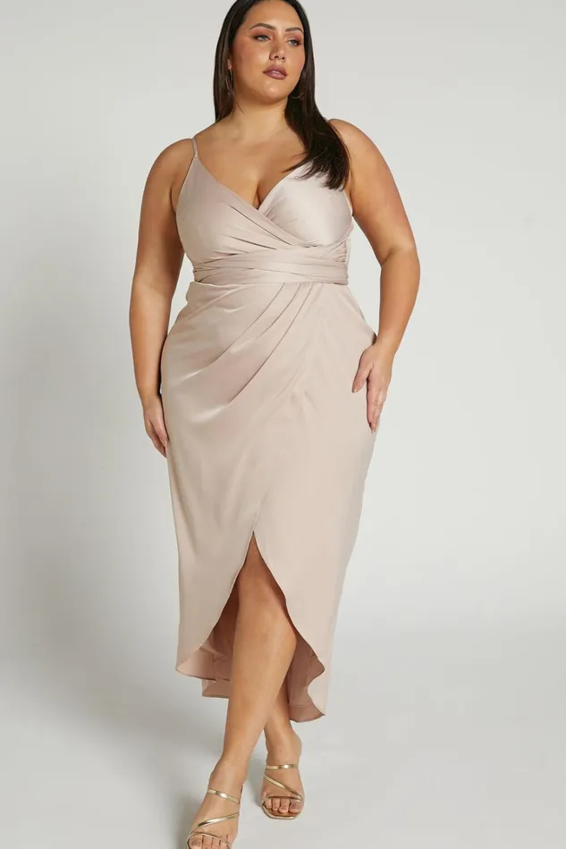How Will I Know Midi Dress 8211 Wrap Waist Tie Tulip Hem Dress In Champagne Women Showpo Dresses
