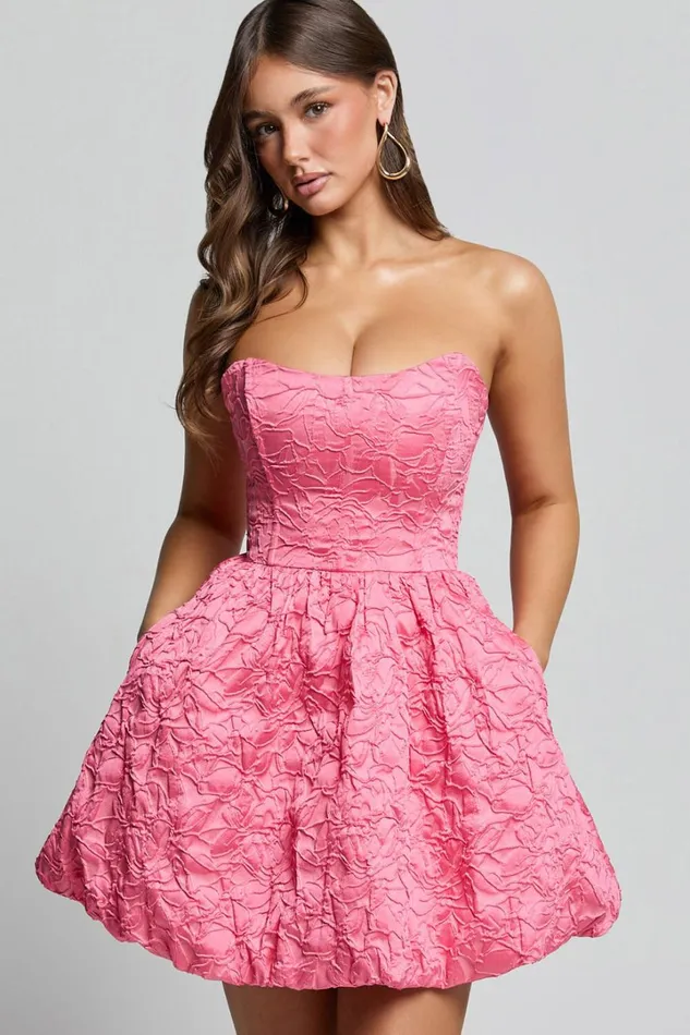 Inez Mini Dress 8211 Jacquard Strapless Bubble Hem Dress In Pink Women Showpo Curve Clothes