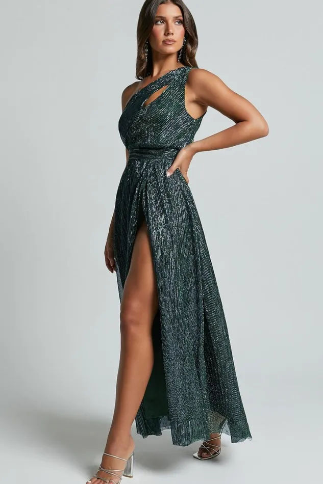 Isra Maxi Dress 8211 Lurex Slit Cut Out One Shoulder Dress In Emerald Women Showpo Curve Clothes