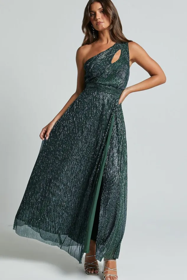 Isra Maxi Dress 8211 Lurex Slit Cut Out One Shoulder Dress In Emerald Women Showpo Curve Clothes