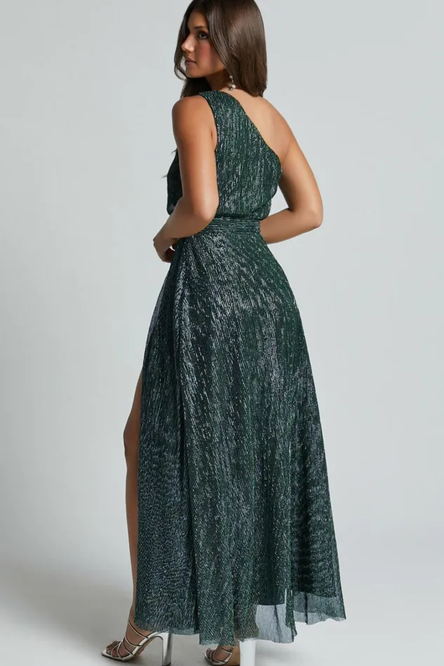 Isra Maxi Dress 8211 Lurex Slit Cut Out One Shoulder Dress In Emerald Women Showpo Curve Clothes