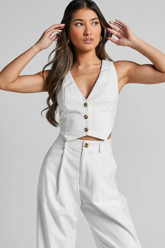 Izara Vest 8211 V Neck Button Up Cropped Vest In Warm White Women Showpo Curve Clothes