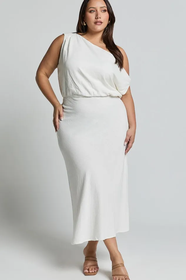 Jacqueline Midi Dress 8211 Linen Look One Shoulder Dress In White Women Showpo Curve Clothes