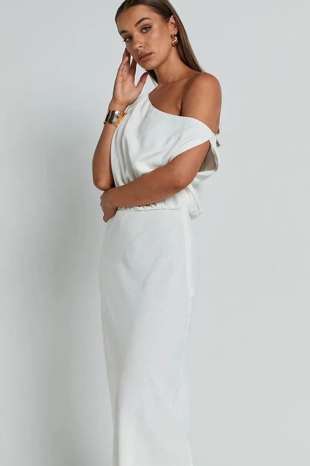 Jacqueline Midi Dress 8211 Linen Look One Shoulder Dress In White Women Showpo Curve Clothes
