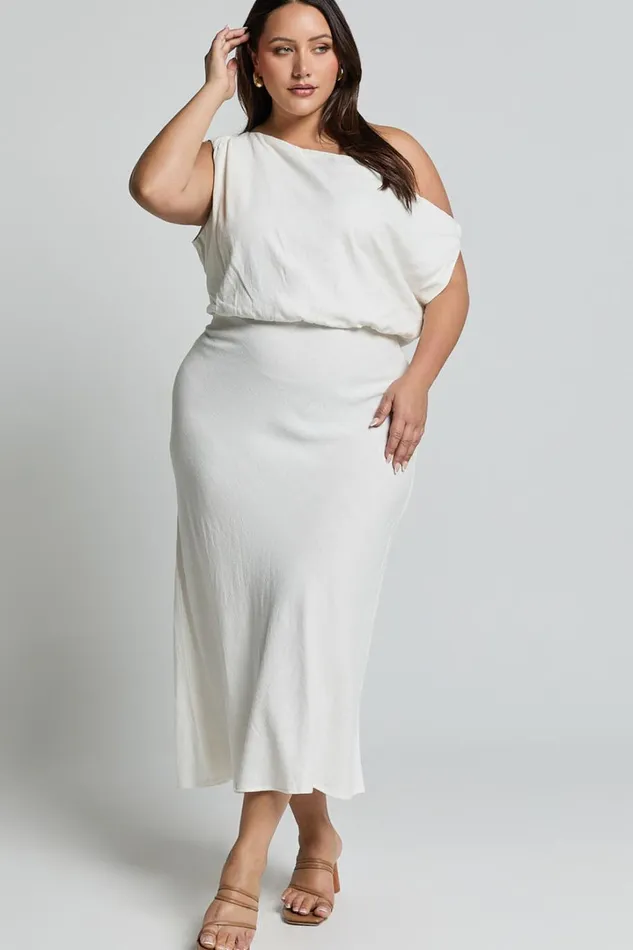 Jacqueline Midi Dress 8211 Linen Look One Shoulder Dress In White Women Showpo Curve Clothes