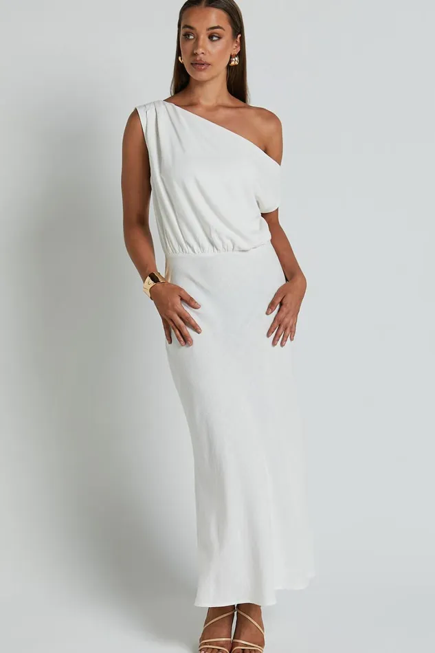 Jacqueline Midi Dress 8211 Linen Look One Shoulder Dress In White Women Showpo Curve Clothes