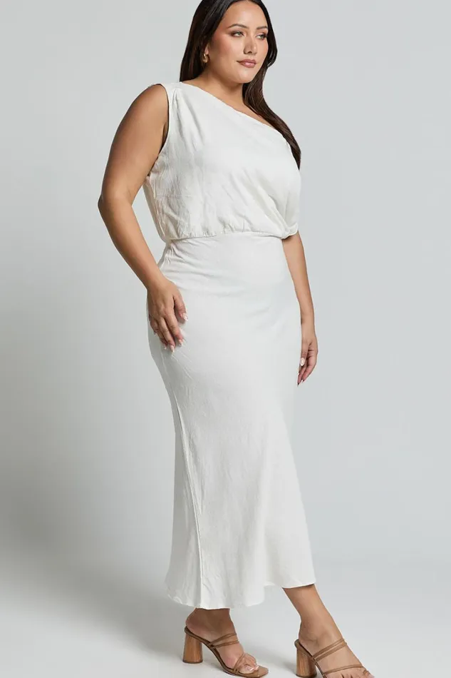 Jacqueline Midi Dress 8211 Linen Look One Shoulder Dress In White Women Showpo Curve Clothes