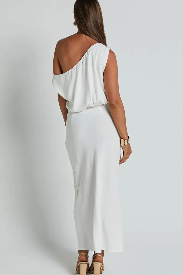Jacqueline Midi Dress 8211 Linen Look One Shoulder Dress In White Women Showpo Curve Clothes
