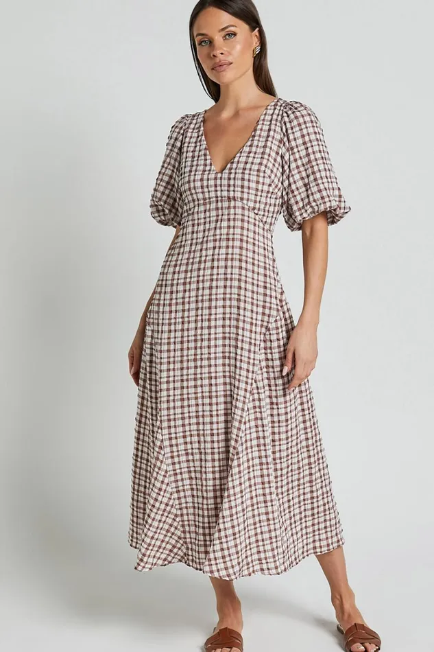 Jameela Midi Dress 8211 V Neck Short Puff Sleeve Godet A Line Smock Dress In Chocolate Gingham Women Showpo Dresses Jameela Midi Dress 8211 V Neck Short Puff Sleeve Godet A Line Smock Dress In Chocolate Gingham Women Showpo Dresses