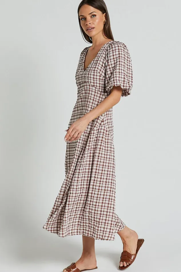 Jameela Midi Dress 8211 V Neck Short Puff Sleeve Godet A Line Smock Dress In Chocolate Gingham Women Showpo Dresses