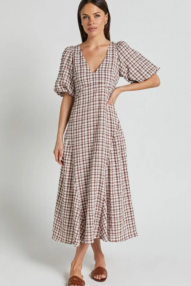 Jameela Midi Dress 8211 V Neck Short Puff Sleeve Godet A Line Smock Dress In Chocolate Gingham Women Showpo Dresses
