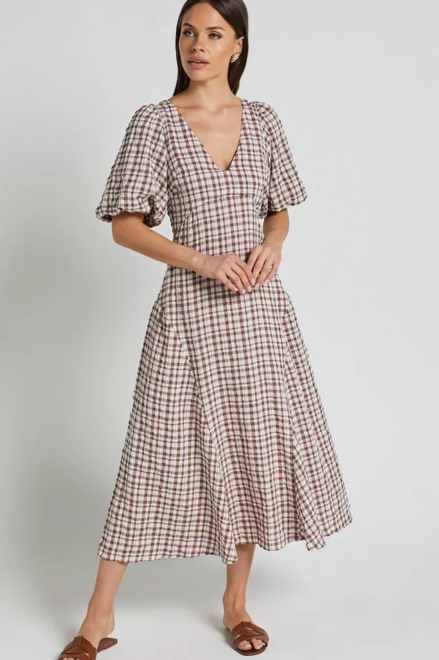 Jameela Midi Dress 8211 V Neck Short Puff Sleeve Godet A Line Smock Dress In Chocolate Gingham Women Showpo Dresses