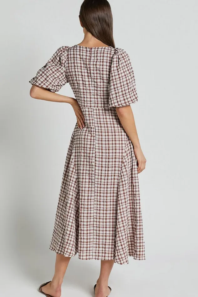 Jameela Midi Dress 8211 V Neck Short Puff Sleeve Godet A Line Smock Dress In Chocolate Gingham Women Showpo Dresses